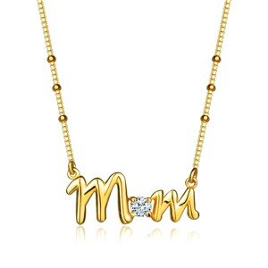 925 Ezüst nyaklánc – arany színű, „Mom” felirattal, kerek cirkónia, lánc gyöngyökkel