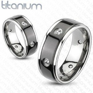 Titánium gyűrű - fekete sáv, cirkóniák - Nagyság: 51