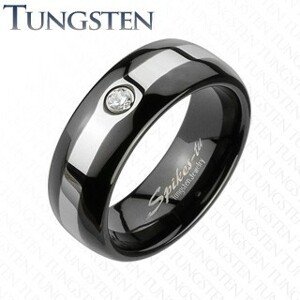 Tungsten fekete gyűrű - ezüst szegély, cirkónia - Nagyság: 69