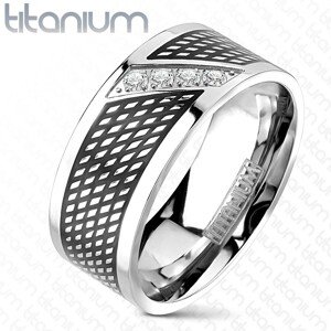 Titánium gyűrű, fekete - ezüst szín, cirkóniaköves átlós vonal - Nagyság: 65