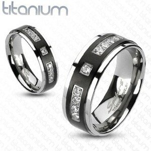 Gyűrű titániumból - matt fekete sáv, beágyazott kövek - Nagyság: 54